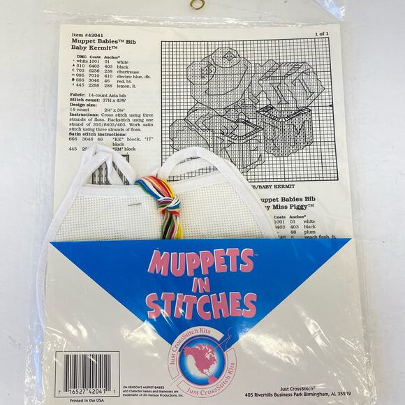 VTG Muppets In Stitches Muppet Babies Cross Stitch Bib Kit New #42041 Baby New - Picture 2 of 8